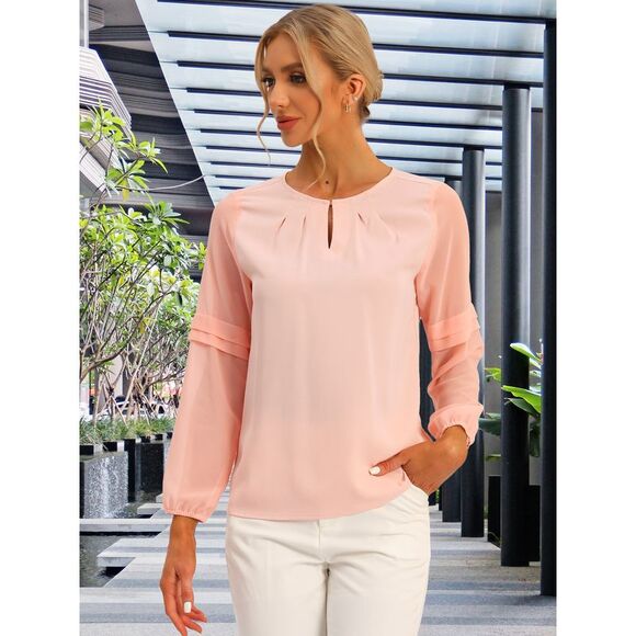 Work Tops Chiffon Shirt Semi Sheer Keyhole Neck Blouse Light Pink - Picture 2 of 6